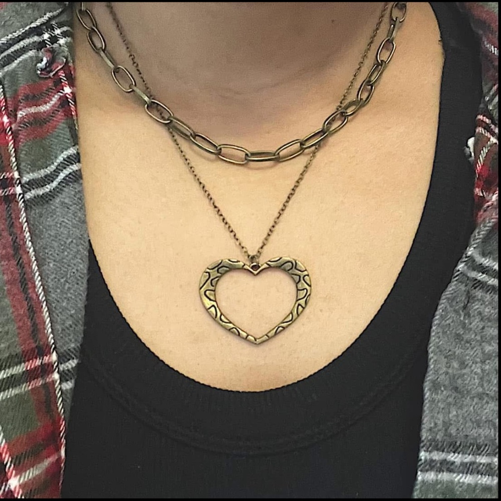 Antique Bronze 2 Chain Heart Pendant Necklace